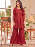 Rust Embroidered Kurta Set, Paired With Tonal Trousers And Dupatta.