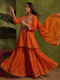 Rust Yoke Embroidered Kurta With Flared Sharara And Dupatta.