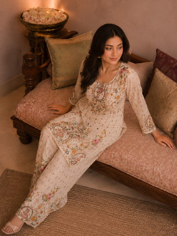Ethnic Printed Kurta Set With Matching Palazzo And Dupatta