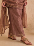Embroidered Brown Kurta Set With Palazzo And Dupatta.