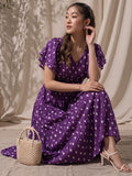 Women's Purple Ethnic Print Tiered Maxi Dress With Flutter Sleeves