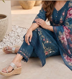 Varanga Women Floral Heavy Thread Embroidered Schffili Hem Kurta With Trouser & Dupatta