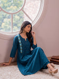 Women's Teal Blue Floral Embroidered Kurta With Trousers