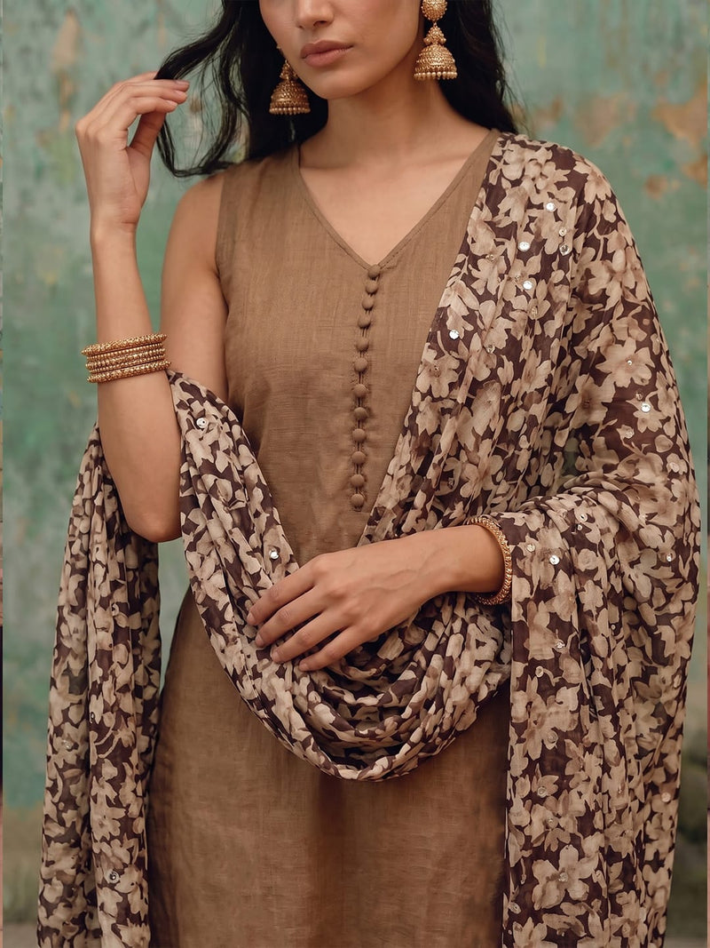 The Roasted Mocha Women's Kurta Set With Sequinned Floral Dupatta
