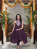 Varanga Women Purple Embroidered Sleeveless Flared Kurta Paired With Tonal Bottom