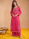 Women'S Pink Mul Chanderi Kurta Set With Chiffon Dupatta