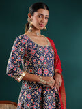 Varanga Women Navy Blue Patola Printed Anarkali Kurta Paired With Contrast Dupatta.