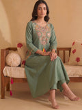 Women's Olive Green Mirror Embroidered Kurta Set with Cotton Dupatta