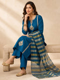 Women's Blue Kurta Set With Strip Dupatta
