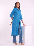Blue Shirt-Style Kurta Elevated With Chic Contrast Stitch Detailing.