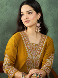 Mustard Straight-Fit Kurta With Embroidered Yoke, Paired With Solid Ankle-Length Trousers .