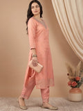Zari-Embroidered Kurta Paired With Solid Trousers And A Tonal Dupatta .