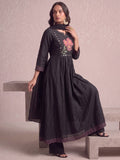 Black Embroidered Flared Kurta With Floral Yoke Detailing.