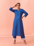 Indigo Blue Embroidered V-Neck Kurta With Polka Dot Detailed Trousers Set