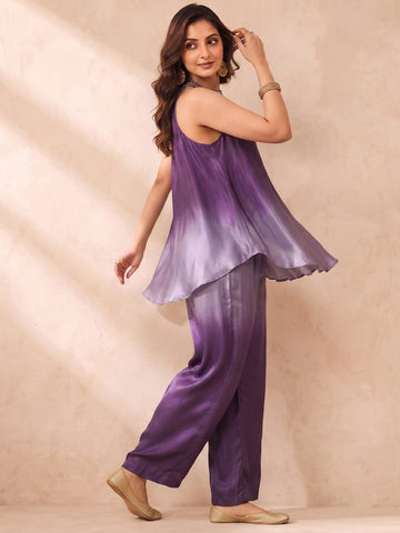 Varanga Women Ombre Dyed Mirror Work Silk Crepe Top with Palazzos