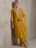 Mustard Straight-Fit Kurta With Embroidered Yoke, Paired With Solid Ankle-Length Trousers