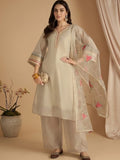 Varanga Women Three-Piece Set Featuring A Shimmer-Detailed Grey Kurta, Solid Ankle-Length Trousers, And An Embroidered Net Dupatta