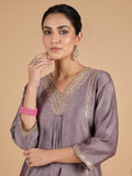 V Neck  Kurta With Lace Detailing, Paired With Solid Trousers And A Contrasting Fuchsia Dupatta.