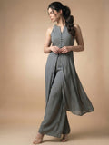 Solid Grey Halter Neck Front Slit Kurta With Palazzos
