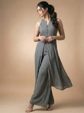 Solid Grey Halter Neck Front Slit Kurta With Palazzos