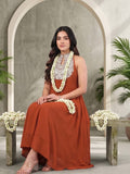 Varanga Women Rust Yoke Embroidered Sleeveless Flared Kurta With Trousers.