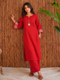 Women Red Embroidered Solid Straight Kurta With Trousers
