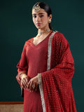 Varanga Women Maroon Solid V-Neck  Embellished With Gota Straight Kurta Paired With Tonal Bottom And Dupatta