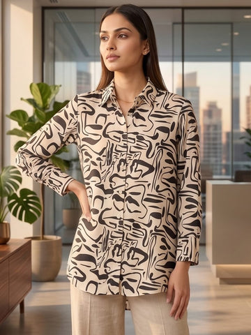 Cream Coloured Slim Collar Long Sleeves Geometric Shirt