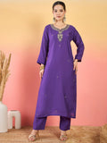 kurta set featuring a bead-embellished yoke, solid ankle-length trousers, and a brocade dupatta