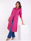 Pink Shirt-Style Kurta Elevated With Chic Contrast Stitch Detailing.