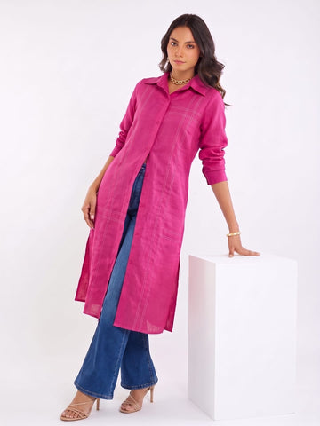 Pink Shirt-Style Kurta Elevated With Chic Contrast Stitch Detailing.