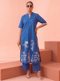 Women'S Blue Floral Embroidery Straight Kurta With Trousers Co-Ord Set