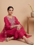 Fuchsia Straight-Fit Kurta Set With Solid Ankle-Length Trousers And An Embroidered Dupatta