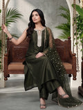 Varanga Women Olive Green Lace Embellished Sleeveless Straight Kurta Paired With Tonal Plazzo And Dupatta