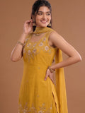 Round Neck Embroidered Kurta Set Featuring Zari And Sequin Work With Flared Palazzo And Embellished Dupatta