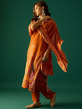 Rust Straight-Fit Calf-Length Kurta With Stone-Embellished Print Paired With Solid Ankle-Length Trousers And A Printed Dupatta