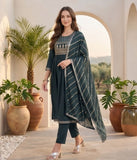 Varanga Women Grey Yoke Embroidered Straight Kurta Paired With Tonal Solid Bottom And Dupatta