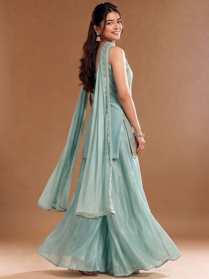 Women's Embroidered Shimmer Short Kurta With Palazzo And Dupatta