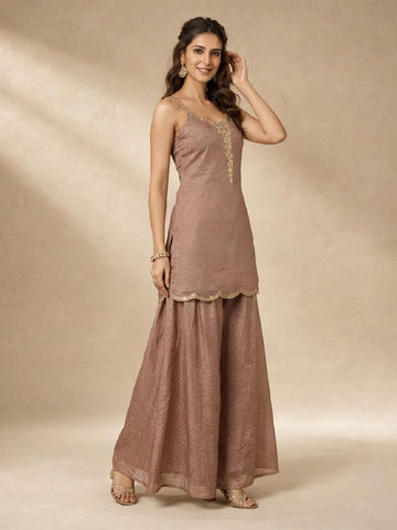 Womens Solid Metallic Kurta Set With Gold Embroidery