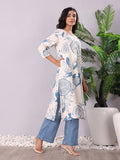 Varanga White & Blue Floral Printed V-Neck Sequinned Panelled Cotton A-Line Kurta