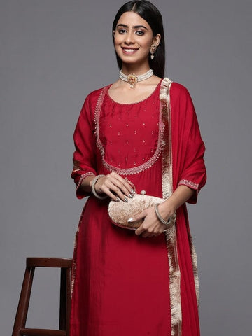 Varanga Plus Size Ethnic Motifs Red Embroidered Round Neck Kurta With Trousers & Dupatta