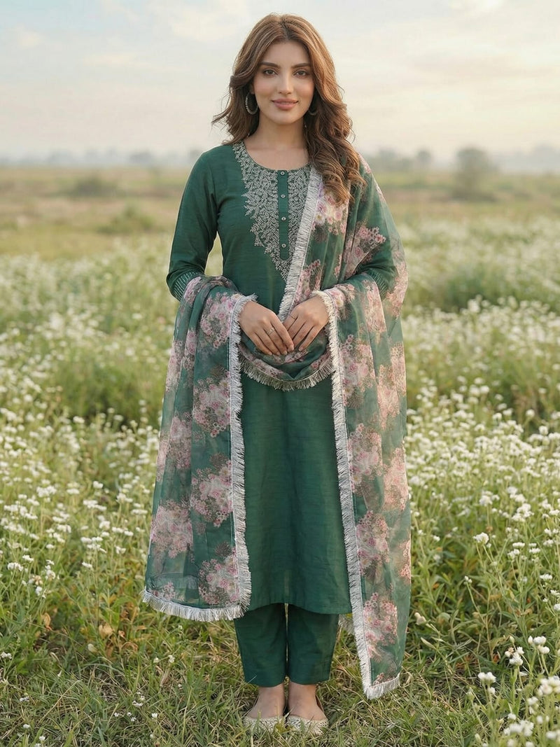 Varanga Green embroidered kurta with tonal trouser and printed dupattta