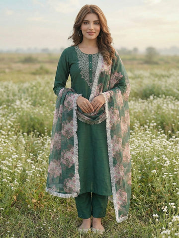 Varanga Green embroidered kurta with tonal trouser and printed dupattta