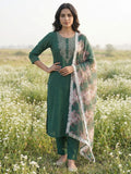 Varanga Green embroidered kurta with tonal trouser and printed dupattta
