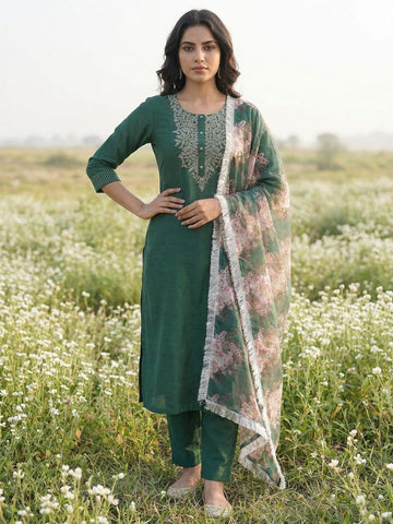 Varanga Green embroidered kurta with tonal trouser and printed dupattta