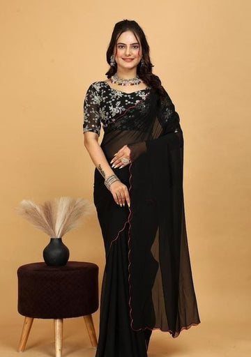 Varanga Floral Embroidered Poly Chiffon Heavy Work Saree