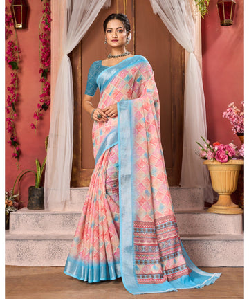 Varanga Pink Linen Designer Saree With Blue Zari Border