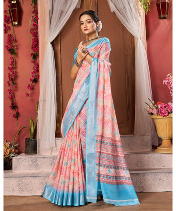 Varanga Pink Linen Designer Saree With Blue Zari Border