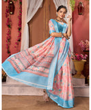 Varanga Pink Linen Designer Saree With Blue Zari Border