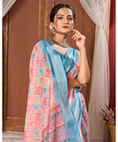 Varanga Pink Linen Designer Saree With Blue Zari Border